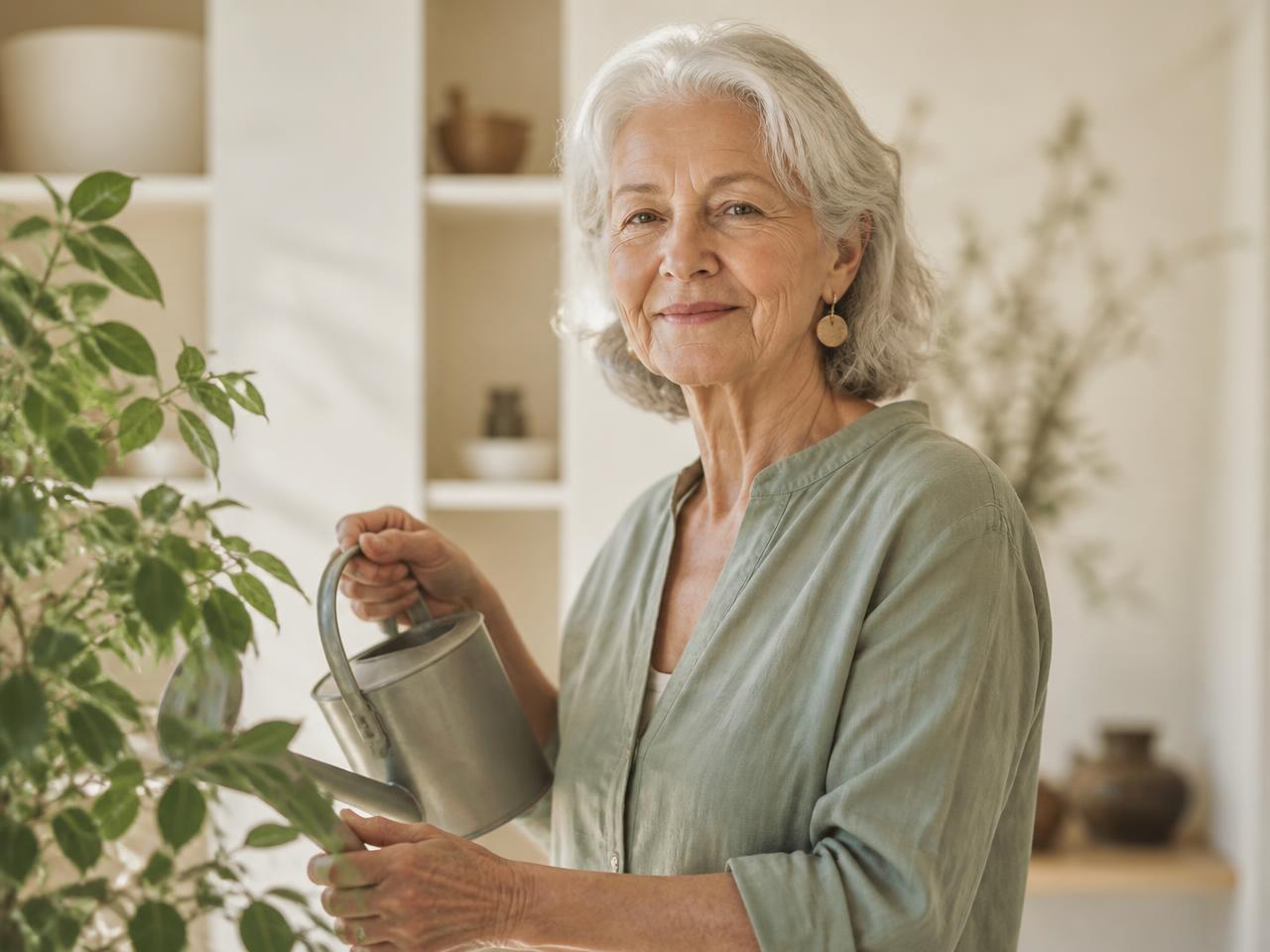 Mulher idosa elegante e saudável regando uma planta em casa, com iluminação natural e ambiente acolhedor